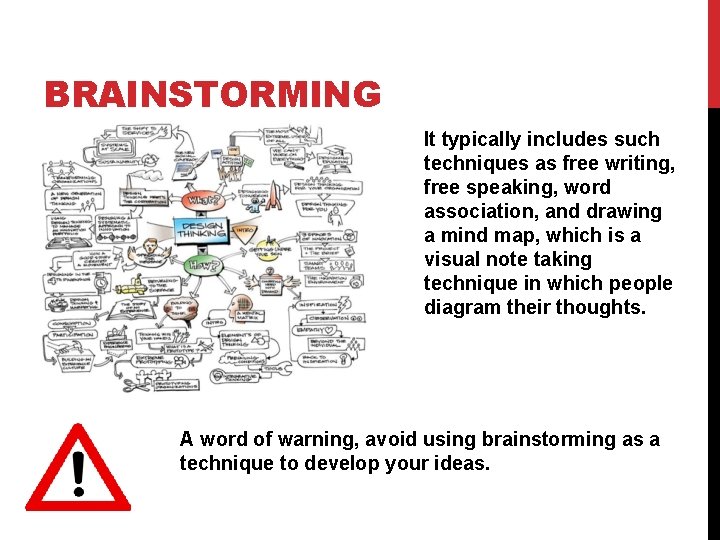 BRAINSTORMING It typically includes such techniques as free writing, free speaking, word association, and