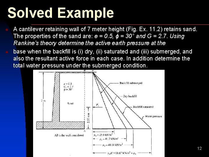 Solved Example n n A cantilever retaining wall of 7 meter height (Fig. Ex.