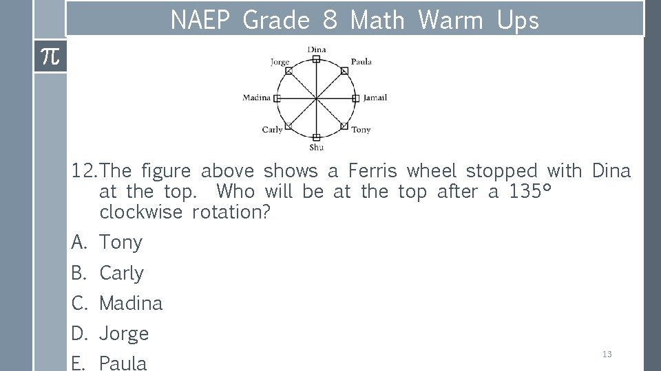NAEP Grade 8 Math Warm Ups 12. The figure above shows a Ferris wheel