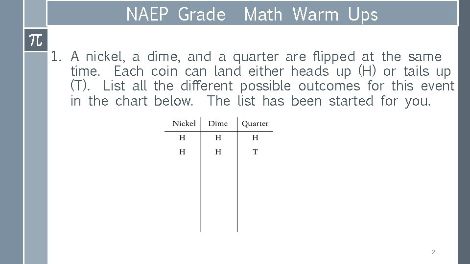 NAEP Grade Math Warm Ups 1. A nickel, a dime, and a quarter are