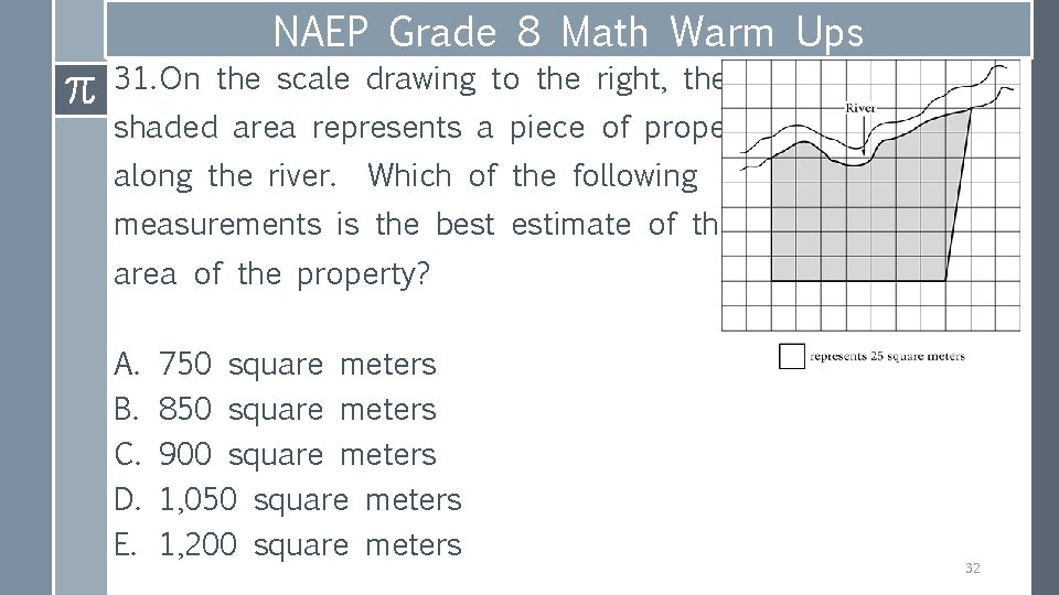 NAEP Grade 8 Math Warm Ups 31. On the scale drawing to the right,