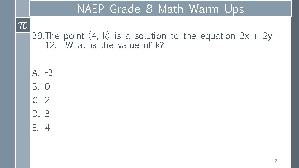 NAEP Grade 8 Math Warm Ups 39. The point (4, k) is a solution