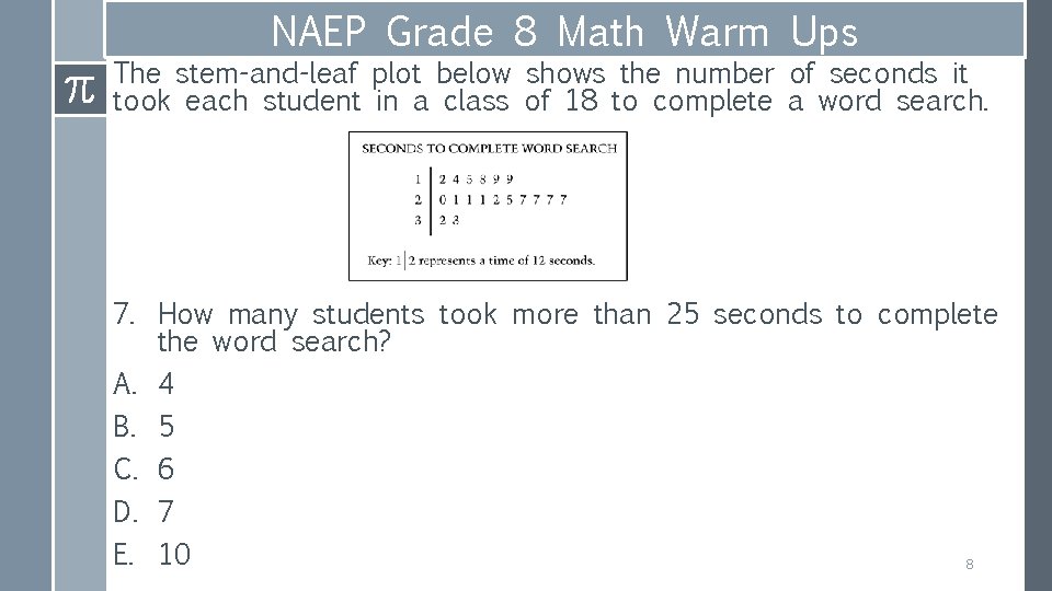 NAEP Grade 8 Math Warm Ups The stem-and-leaf plot below shows the number of