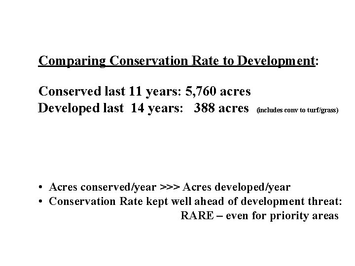 Comparing Conservation Rate to Development: Conserved last 11 years: 5, 760 acres Developed last