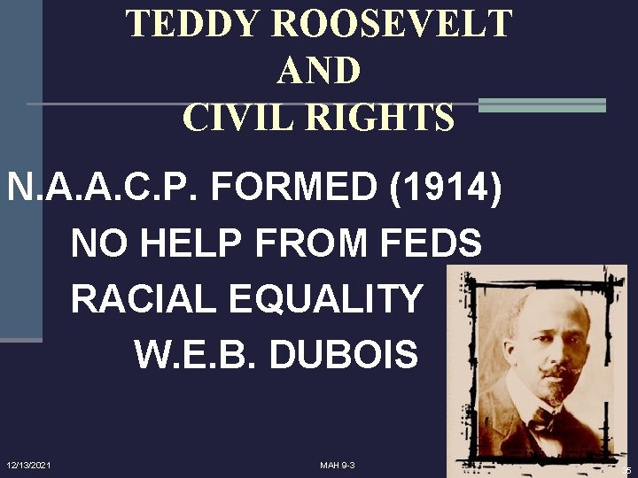 TEDDY ROOSEVELT AND CIVIL RIGHTS N. A. A. C. P. FORMED (1914) NO HELP