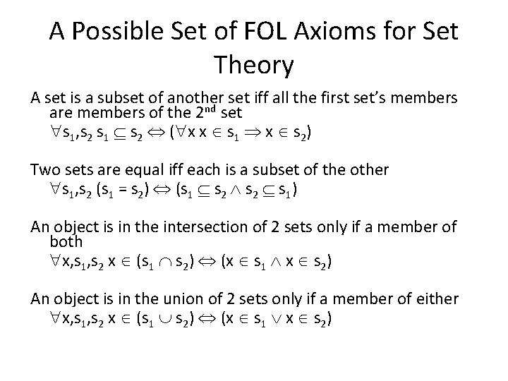A Possible Set of FOL Axioms for Set Theory A set is a subset