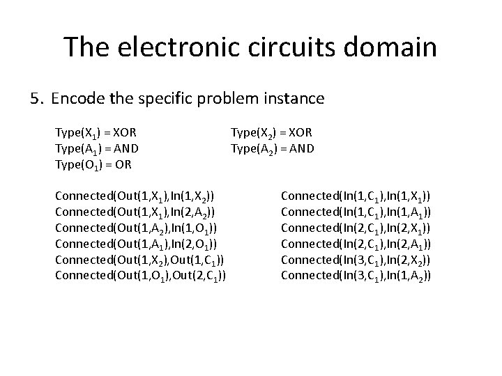 The electronic circuits domain 5. Encode the specific problem instance Type(X 1) = XOR