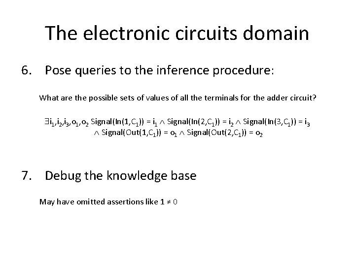 The electronic circuits domain 6. Pose queries to the inference procedure: What are the