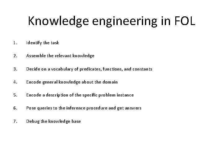 Knowledge engineering in FOL 1. Identify the task 2. Assemble the relevant knowledge 3.