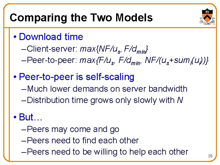 Comparing the Two Models • Download time – Client-server: max{NF/us, F/dmin} – Peer-to-peer: max{F/us,