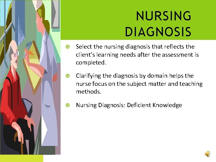 NURSING DIAGNOSIS Select the nursing diagnosis that reflects the client’s learning needs after the