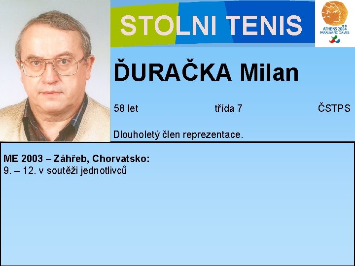 STOLNI TENIS ĎURAČKA Milan 58 let třída 7 Dlouholetý člen reprezentace. ME 2003 –