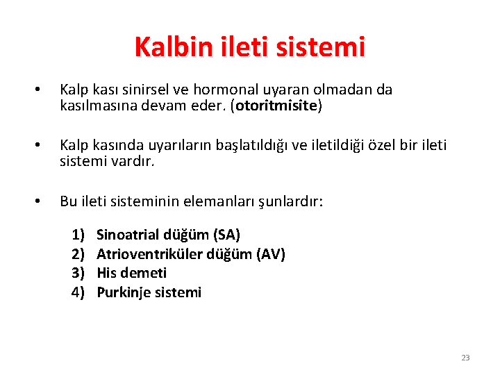 Kalbin ileti sistemi • Kalp kası sinirsel ve hormonal uyaran olmadan da kasılmasına devam