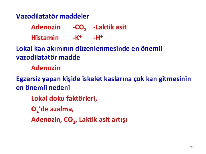 Vazodilatatör maddeler Adenozin -CO 2 -Laktik asit Histamin -K+ -H+ Lokal kan akımının düzenlenmesinde