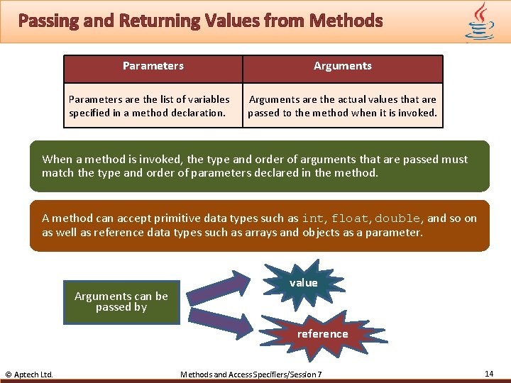 Passing and Returning Values from Methods Parameters are the list of variables specified in