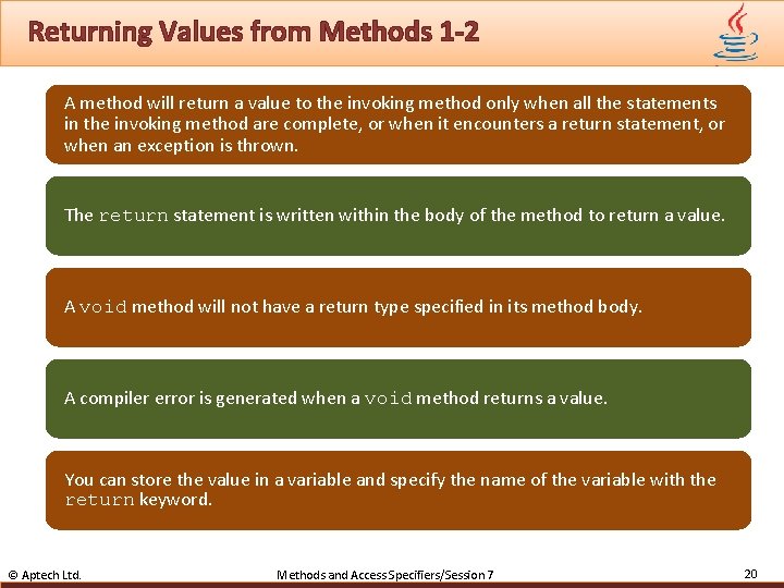 Returning Values from Methods 1 -2 A method will return a value to the