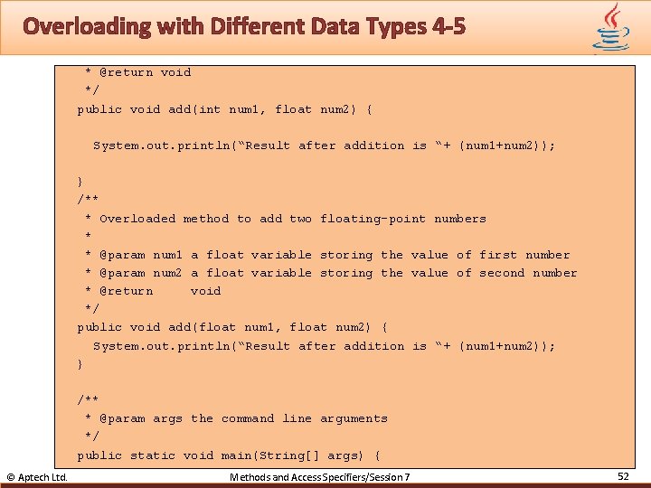 Overloading with Different Data Types 4 -5 * @return void */ public void add(int