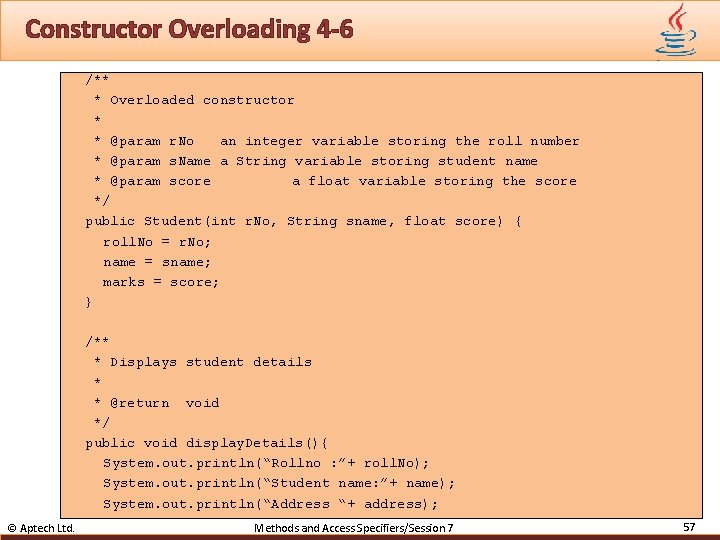 Constructor Overloading 4 -6 /** * Overloaded constructor * * @param r. No an