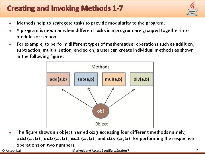 Creating and Invoking Methods 1 -7 u u Methods help to segregate tasks to