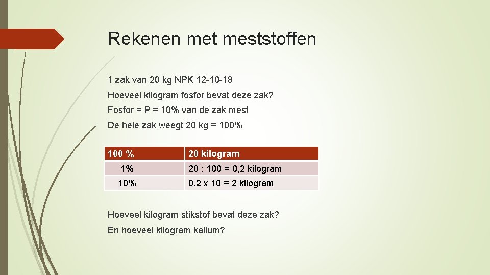 Rekenen met meststoffen 1 zak van 20 kg NPK 12 -10 -18 Hoeveel kilogram