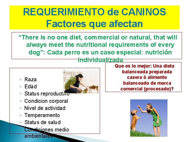 REQUERIMIENTO de CANINOS Factores que afectan “There is no one diet, commercial or natural,