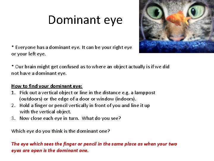 Dominant eye * Everyone has a dominant eye. It can be your right eye