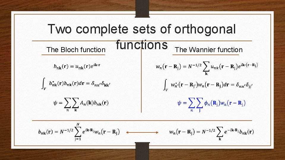 Two complete sets of orthogonal The Bloch functions The Wannier function 