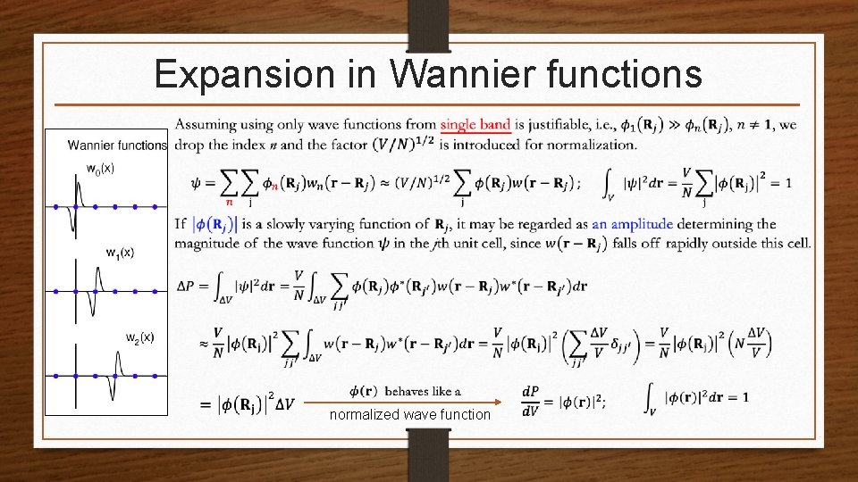 Expansion in Wannier functions normalized wave function 