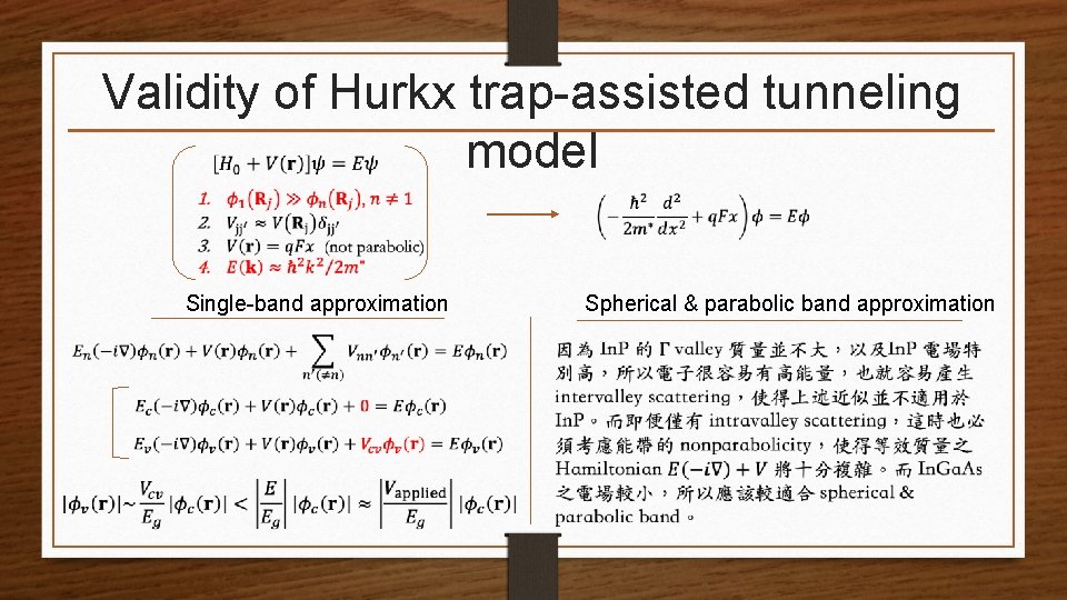 Validity of Hurkx trap-assisted tunneling model Single-band approximation Spherical & parabolic band approximation 