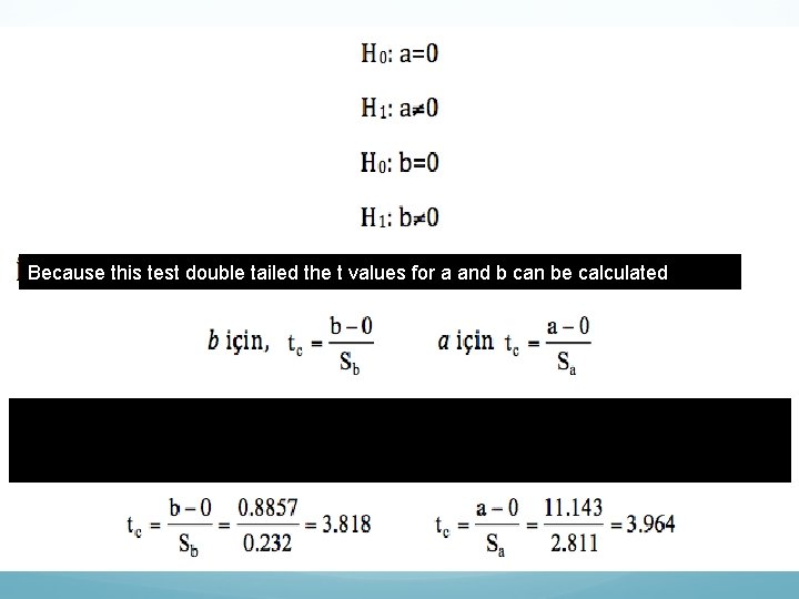 Because this test double tailed the t values for a and b can be