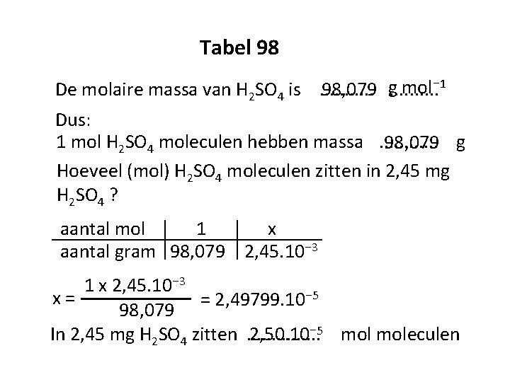 Tabel 98 mol⁻ 1 98, 079 g. . De molaire massa van H 2