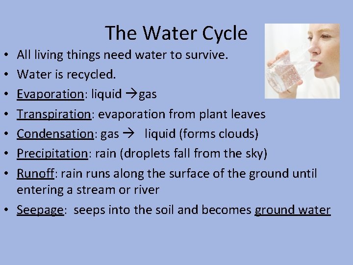 The Water Cycle All living things need water to survive. Water is recycled. Evaporation: