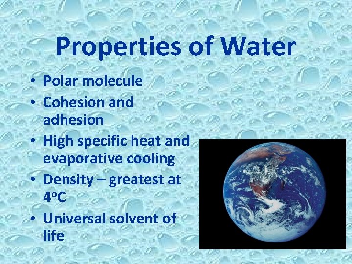 Properties of Water • Polar molecule • Cohesion and adhesion • High specific heat