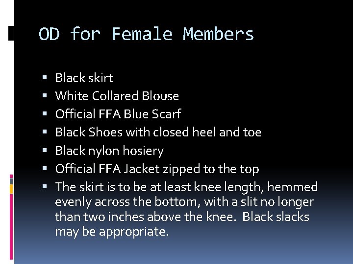 OD for Female Members Black skirt White Collared Blouse Official FFA Blue Scarf Black