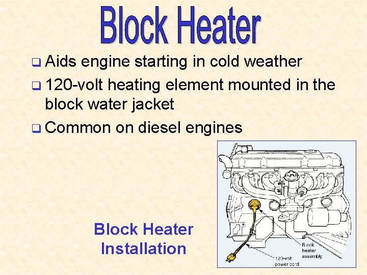 q Aids engine starting in cold weather q 120 -volt heating element mounted in