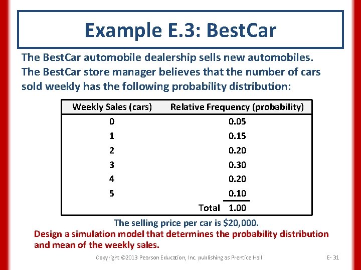 Example E. 3: Best. Car The Best. Car automobile dealership sells new automobiles. The