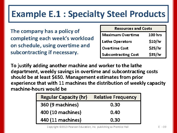 Example E. 1 : Specialty Steel Products The company has a policy of completing