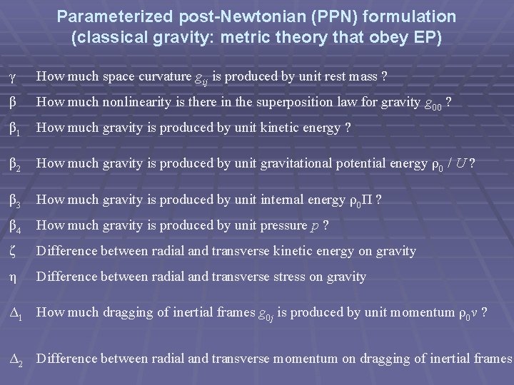 Parameterized post-Newtonian (PPN) formulation (classical gravity: metric theory that obey EP) γ How much