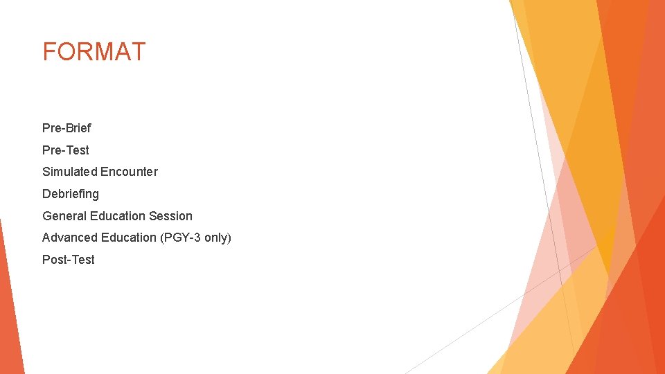 FORMAT Pre-Brief Pre-Test Simulated Encounter Debriefing General Education Session Advanced Education (PGY-3 only) Post-Test