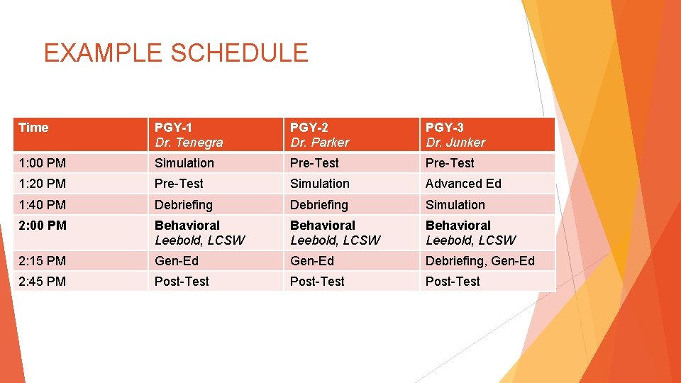 EXAMPLE SCHEDULE Time PGY-1 Dr. Tenegra PGY-2 Dr. Parker PGY-3 Dr. Junker 1: 00
