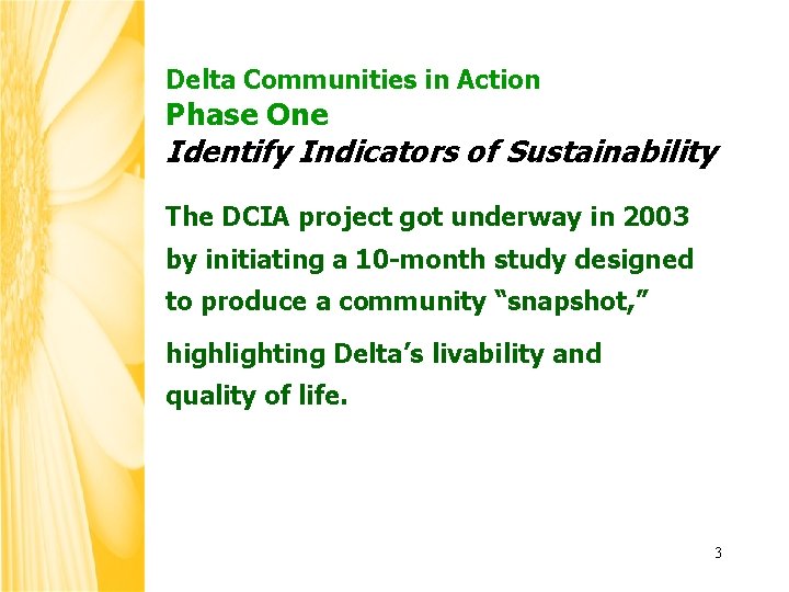 Delta Communities in Action Phase One Identify Indicators of Sustainability The DCIA project got