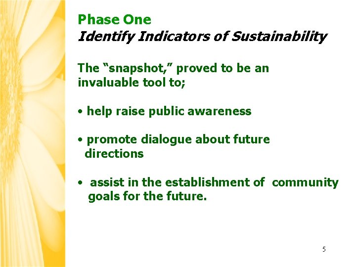 Phase One Identify Indicators of Sustainability The “snapshot, ” proved to be an invaluable