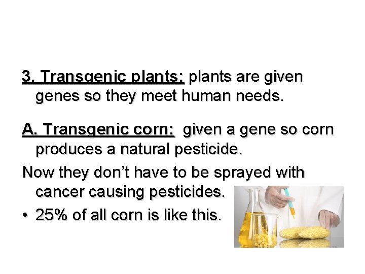 3. Transgenic plants: plants are given genes so they meet human needs. A. Transgenic