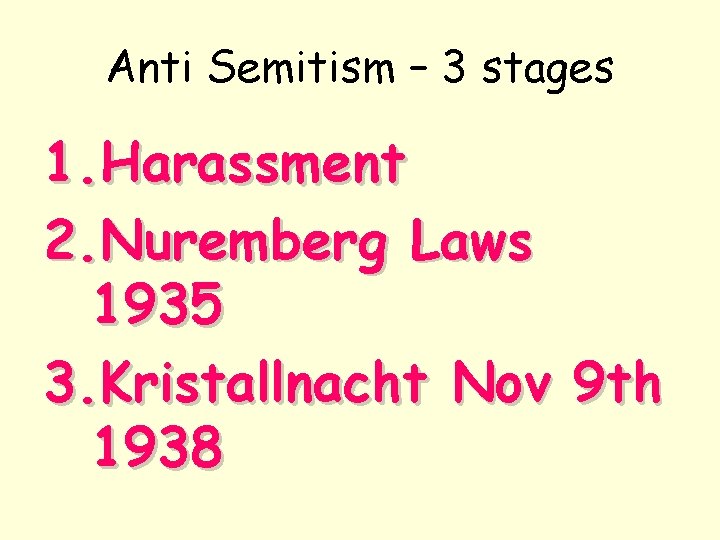 Anti Semitism – 3 stages 1. Harassment 2. Nuremberg Laws 1935 3. Kristallnacht Nov