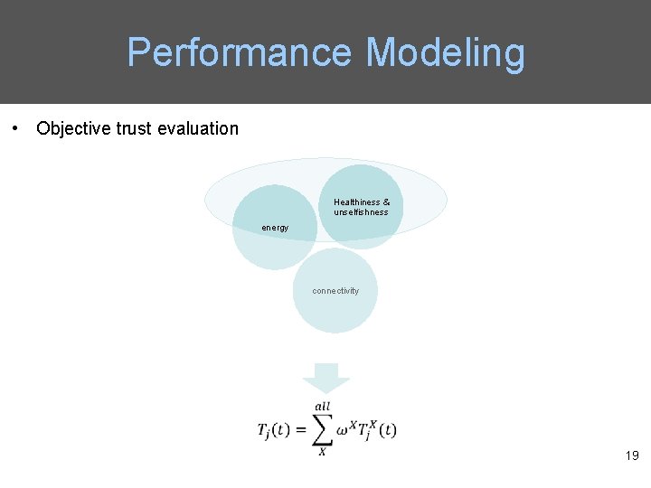 Performance Modeling • Objective trust evaluation Healthiness & unselfishness energy connectivity 19 