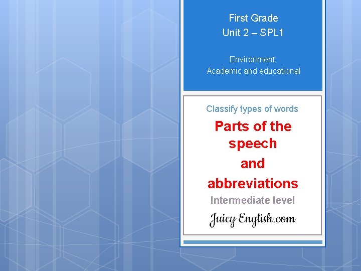 First Grade Unit 2 – SPL 1 Environment: Academic and educational Classify types of