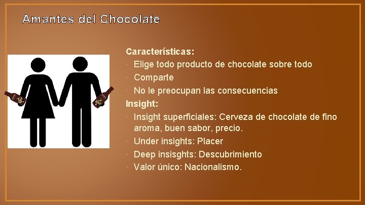 Amantes del Chocolate Características: • Elige todo producto de chocolate sobre todo • Comparte