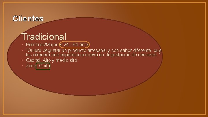 Clientes Tradicional • Hombres/Mujeres 24 - 64 años • “Quiere degustar un producto artesanal