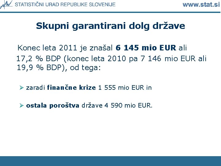 Skupni garantirani dolg države Konec leta 2011 je znašal 6 145 mio EUR ali