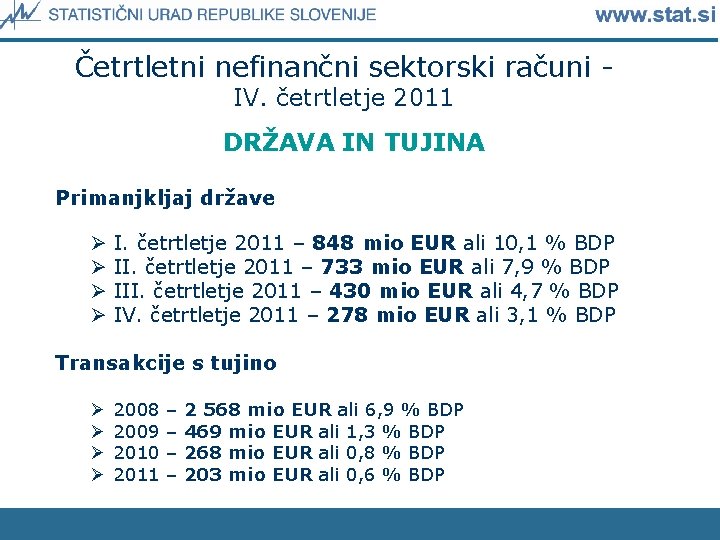 Četrtletni nefinančni sektorski računi IV. četrtletje 2011 DRŽAVA IN TUJINA Primanjkljaj države Ø Ø